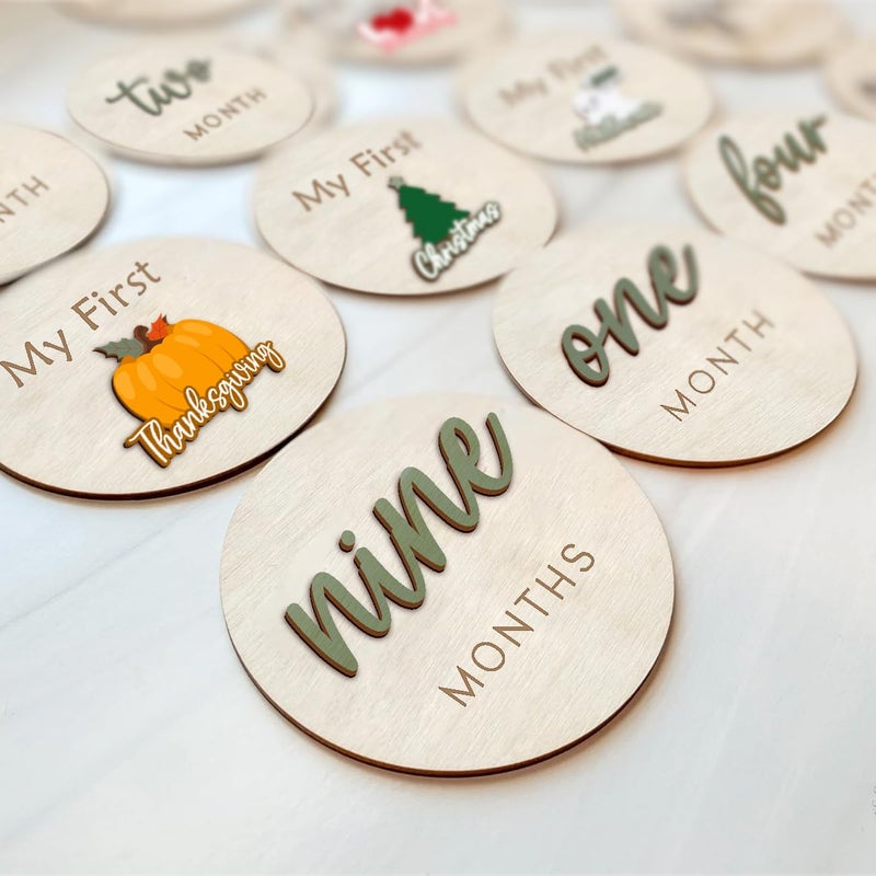 cephira Monthly Baby Milestone Maker Discs, Baby Milestone Signs for Newborn Baby, Hello World Newborn Sign for Girl & Boy, Baby Announcement Sign for 1-12 Month, Milestone Wooden Circles (Sage) - Image 1